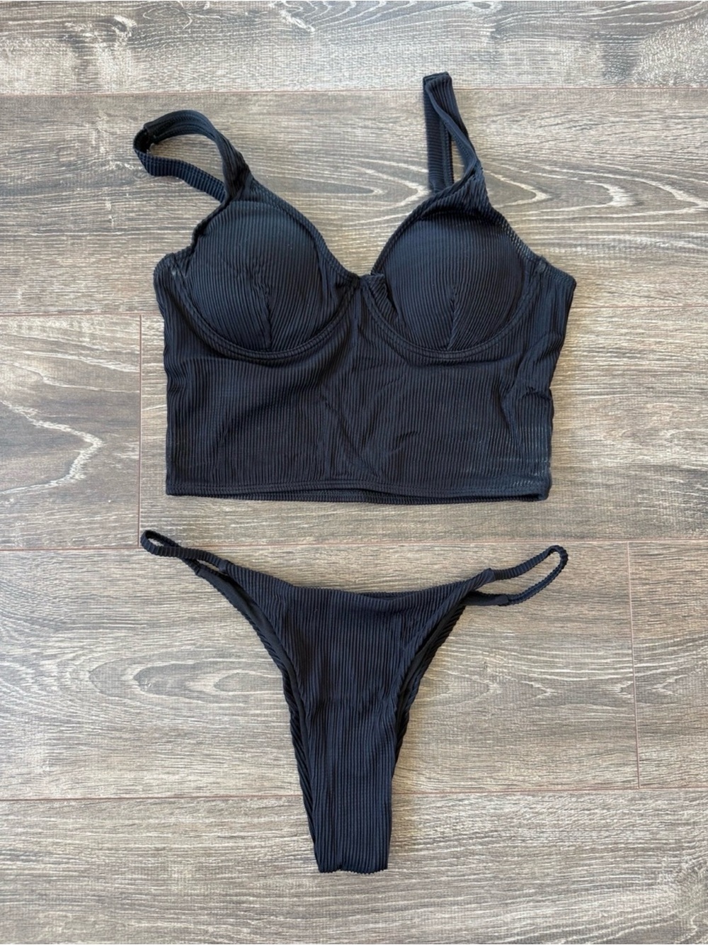 Black Ribbed Underwire Bikini Tankini Set